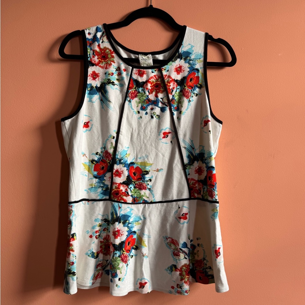 Anthropologie White Floral Peplum Top Size L EUC